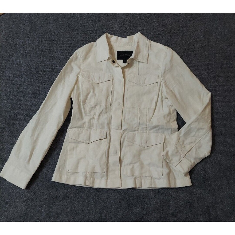 Banana Republic Jacket Womens XS Beige Snaps Safari Pockets Linen Blend Military